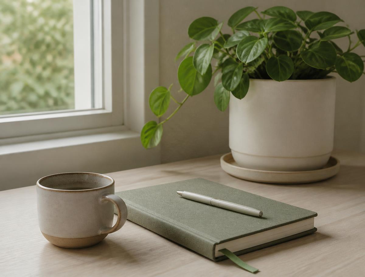 Mesa junto a una ventana con una taza de cerámica, una libreta y una planta verde