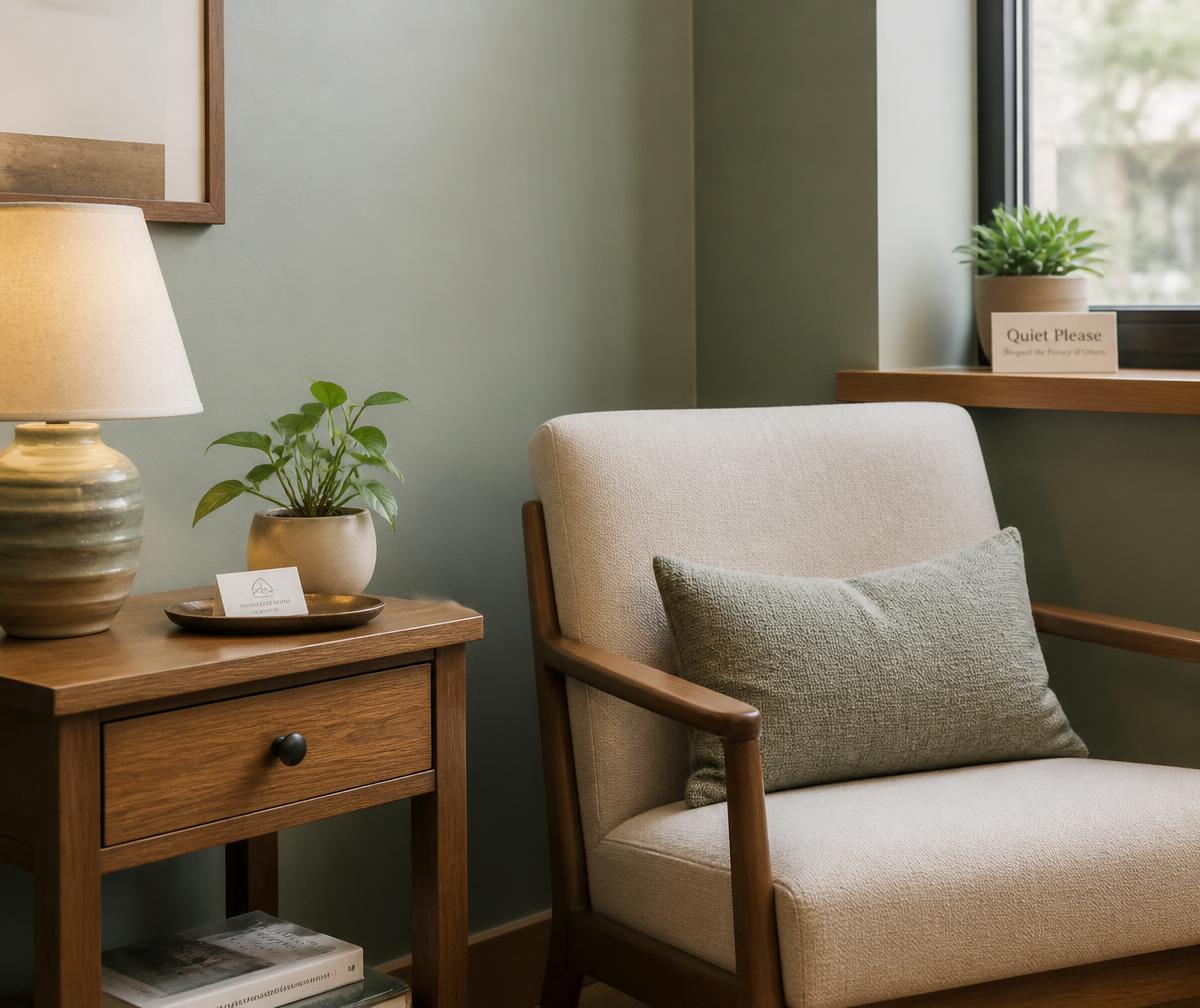 Rincón de sala de espera con sillón beige, lámpara cálida y planta