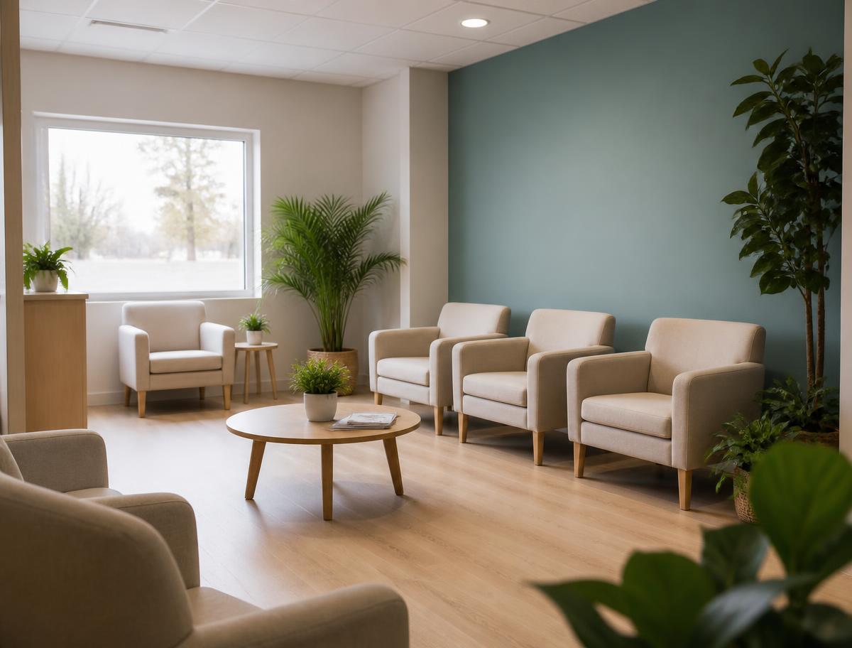 Sala de espera luminosa con sillones beige, plantas y una pared en tono petróleo