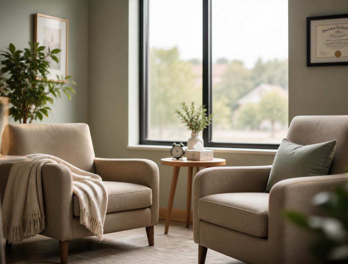 Consultorio con dos sillones frente a una ventana amplia con luz natural